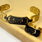 ست دستبند و انگشتر ورساچه استیل خارجی رنگ مشکی طلایی - Image 2