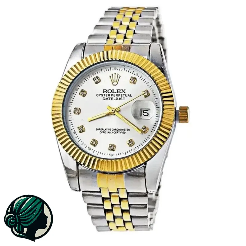 ساعت-رولکسی-صفحه-سفید-خانم-گل-2.webp ساعت مچی مردانه رولکس دیت جاست بند استیل ضد آب صفحه سفید - Image 1